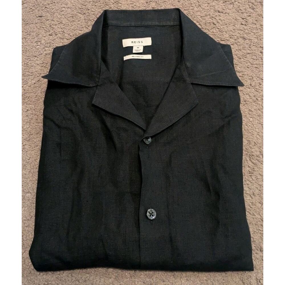 Reiss Rufus Relaxed Fit Linen Black Short Sleeve Button Shirt Men's Medium